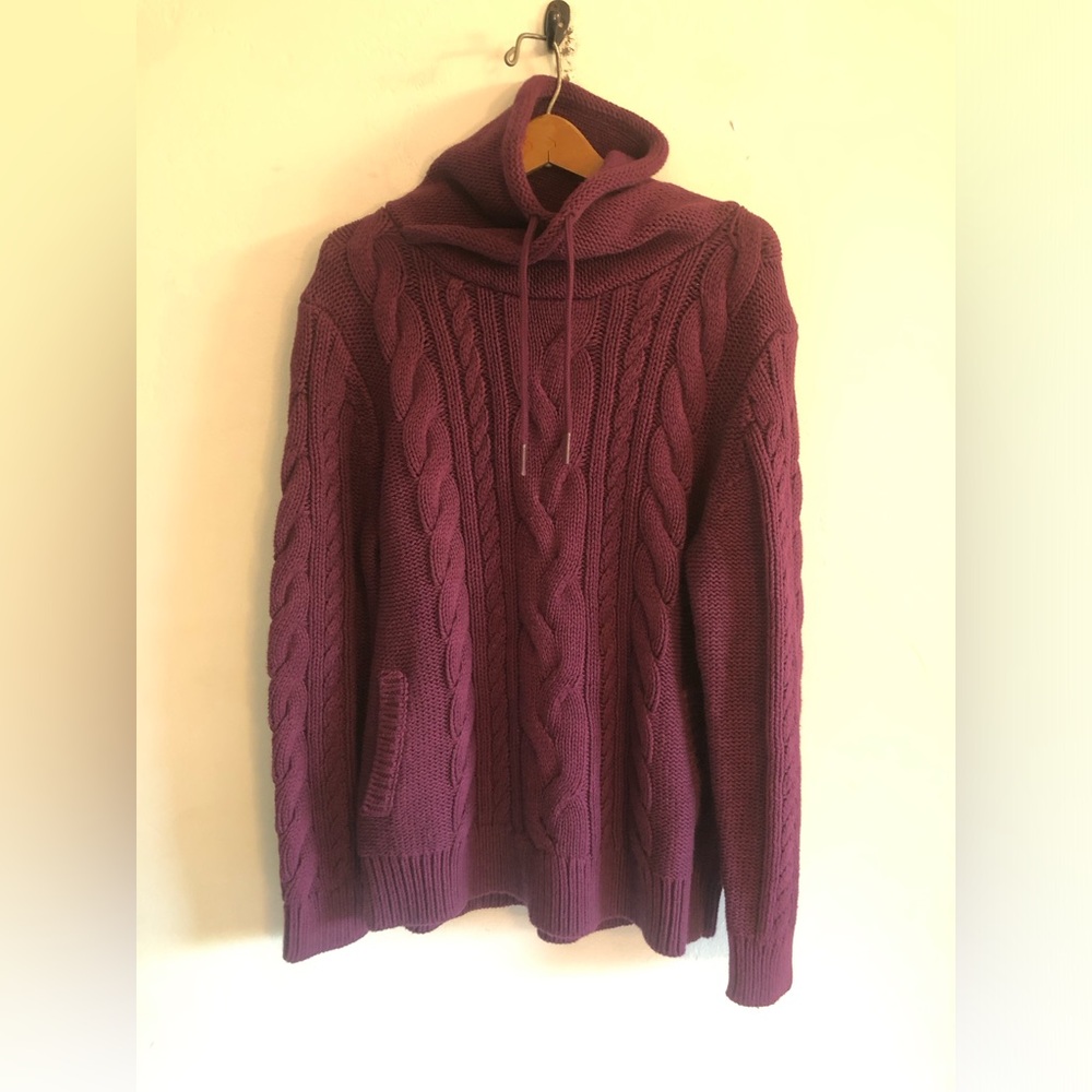 L.L. Bean Womens Large Petite Cable Knit Cowl Neck Sweater Chunky Fisherman